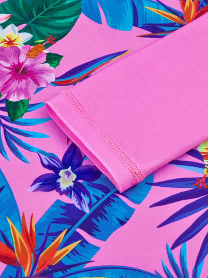 One-Piece Kids Girl Long-Sleeved Pink Plants Print Zipper Boyleg Shorts Swimming Swim Romper