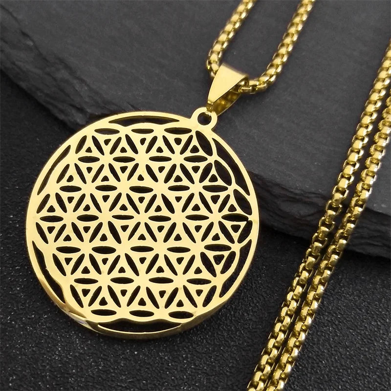 Women Men Flower of Life Stainless Steel Gold Color Mandala Long Necklace