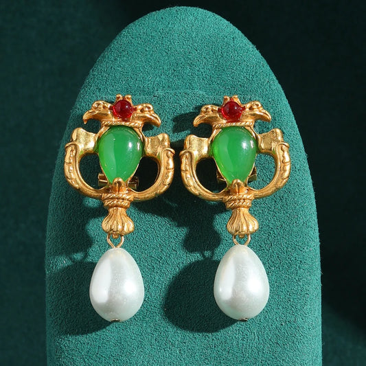 Women Green Jade Teardrop Pearl Natural Stone Vintage Dubai Earrings