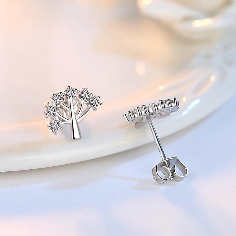 Solid 925 Sterling Silver Women Bridal Wedding Tree Crystal Zircon Stud Earrings
