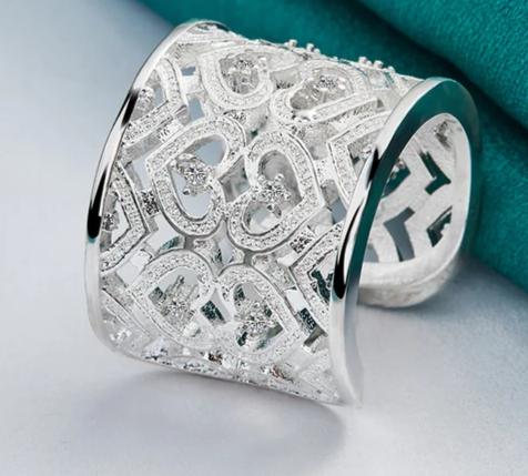 925 Sterling Silver Big Net Women Wedding Engagement Charm Weaving Ring