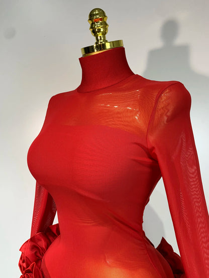Sexy Mesh See through Stereoscopic Flowers White Red Mini Bandage Birthday Evening Party Dress