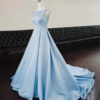 Women's Scoop Neck Sweep Train Prom Backless A-line Satin Long Formal Evening Party Dress w/ Pockets