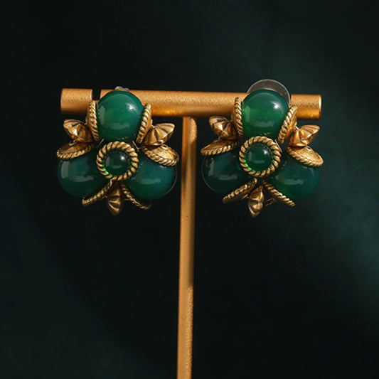 Vintage Emerald Green Natural Stone Three Ball Gold Color Leaf Antique Stud Earrings