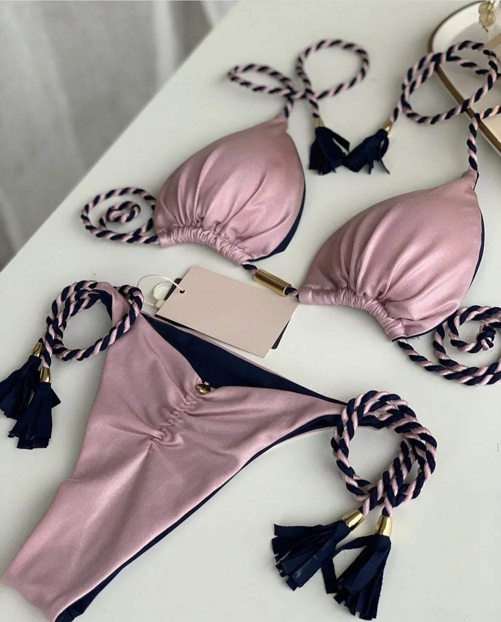 Sexy Separate Triangle Pure Color Rope Weaving Multicolor Bikini Swimsuit Suit