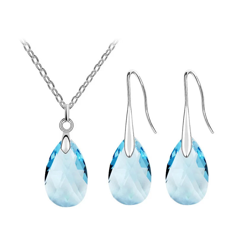 Women Shine Crystal Tear Water Pendant Necklace Earrings Fashion Charm Sets
