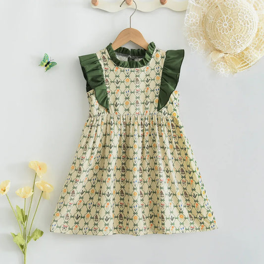 Kids Girls Sweet Summer Flower Rabbits Princess Flying Sleeves Print Party Dress 3-7 Years