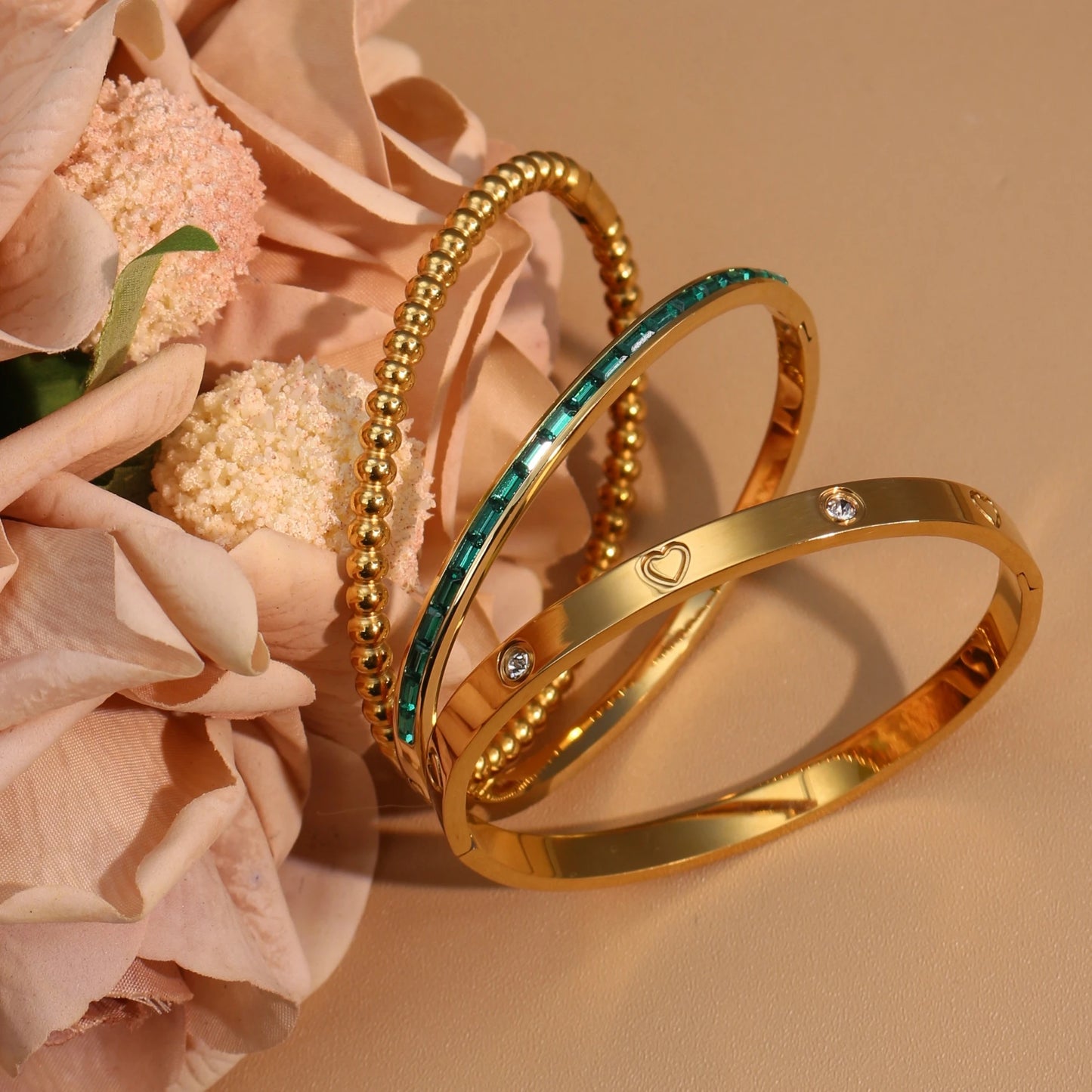 Women 18k Gold Plated Stainless Steel Green Zircon Bangles Bracelet Set Gift.