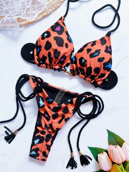Women Leopard Print Bikini Triangle Braiding Rope Bathing Halter Swimwear Bandage Brazilian Suit