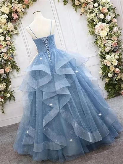 Sparkly Tulle Long Prom Spaghetti Straps Ball Glitter Tulle A-line Formal Evening Party Gown Dress