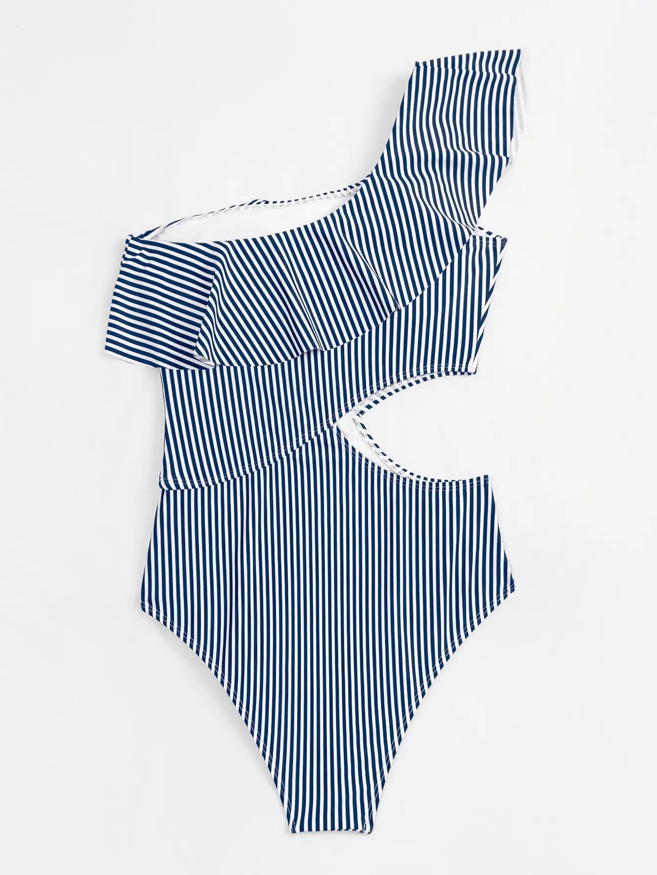 Women Ruffle One Shoulder Swimsuit One Piece Striped Cut-out Swimwear Bathing Swimming Suit