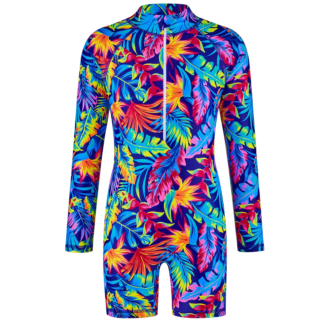 Girls Kids One-Piece Long Sleeve All-over Plant Print Beach Boyleg Shorts Swimming Suit Swimsuit