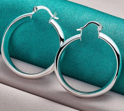 925 Sterling Silver 35mm Circle Smooth Woman Fashion Charm Engagement Wedding Hoop Earrings
