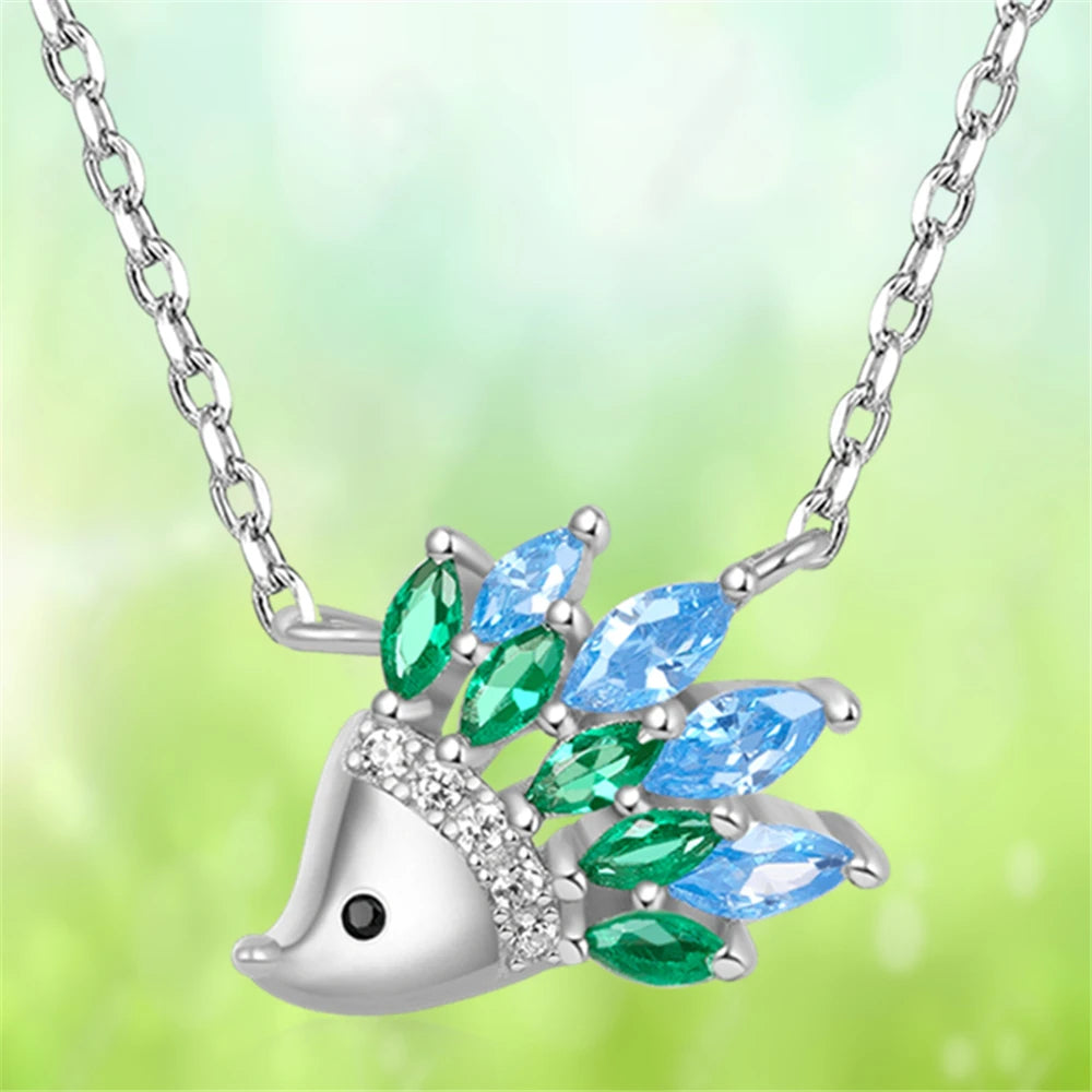 Women Elegant Fashion Design Blue Green Rhombus Crystal Hedgehog Pendant Necklace Gift