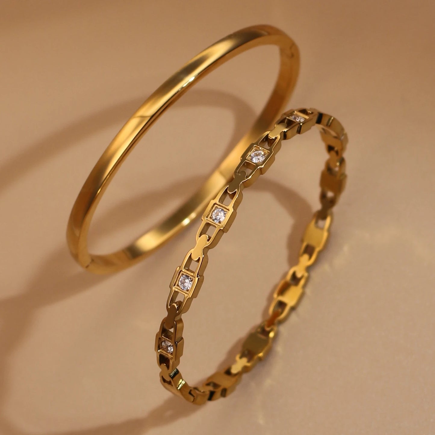2-in-1 Geometric Zircon Design 18K Gold Plated Stainless Steel Bracelet Bangle