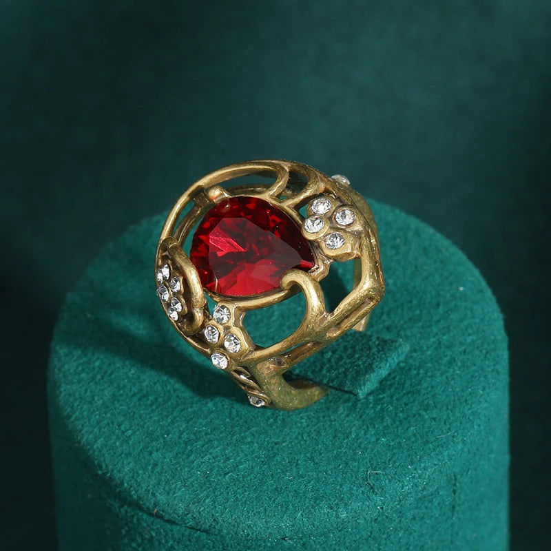 Women Red Oval Round Natural Stone Vintage Open Engagement Rings