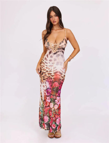 Elegant Floral Print Maxi Fashion Spaghetti Strap Sleeveless Backless Bodycon Party Long Dress