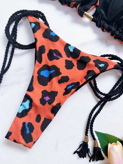 Women Leopard Print Bikini Triangle Braiding Rope Bathing Halter Swimwear Bandage Brazilian Suit