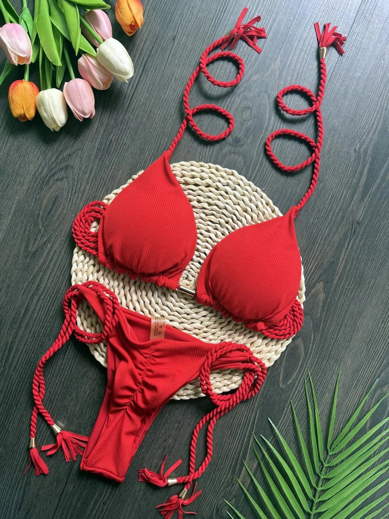 Women Swimsuit Braiding Rope Bikini Two-piece Triangle Solid Swimwear Bathing Suit Brazilian