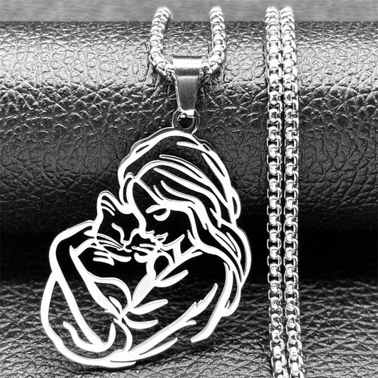 Men Women Hollow Kitty Hug Cat Stainless Steel Gold Silver Color Chain Pendant Necklace