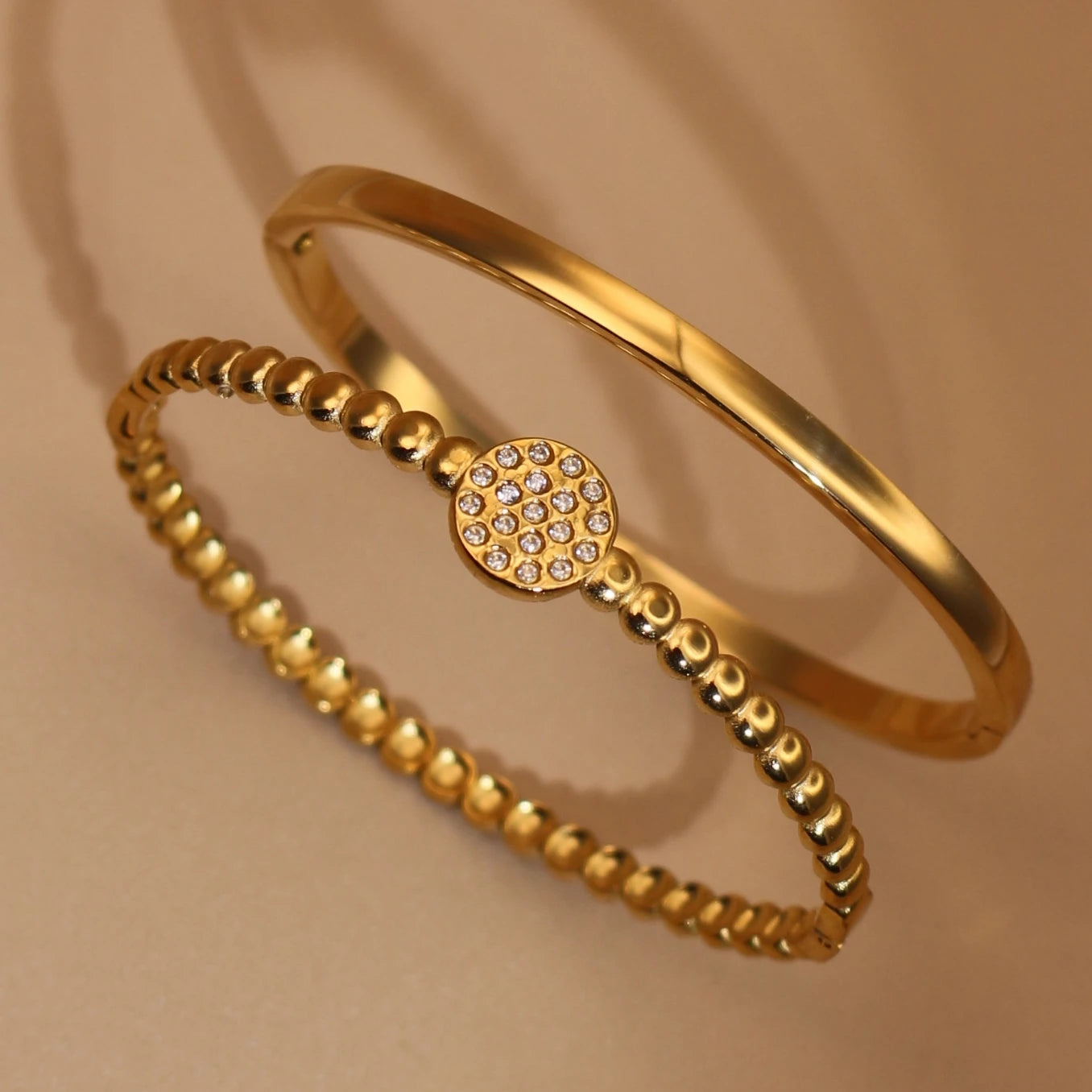 Women Fashion 2-in-1 Plated 18K Gold Zircon Stainless Steel Designer Bracelet Bangle