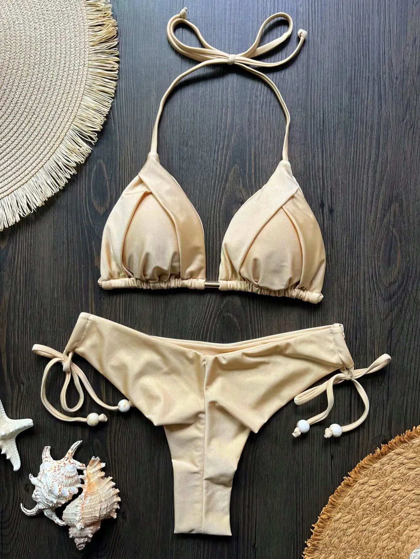 Solid Color Bikini Swimsuit Hanging Neck Rope Split Swimsuit 2-piece Beachwear Suit