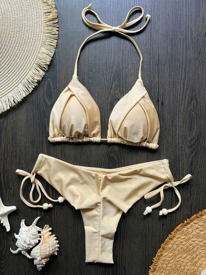Solid Color Bikini Swimsuit Hanging Neck Rope Split Swimsuit 2-piece Beachwear Suit