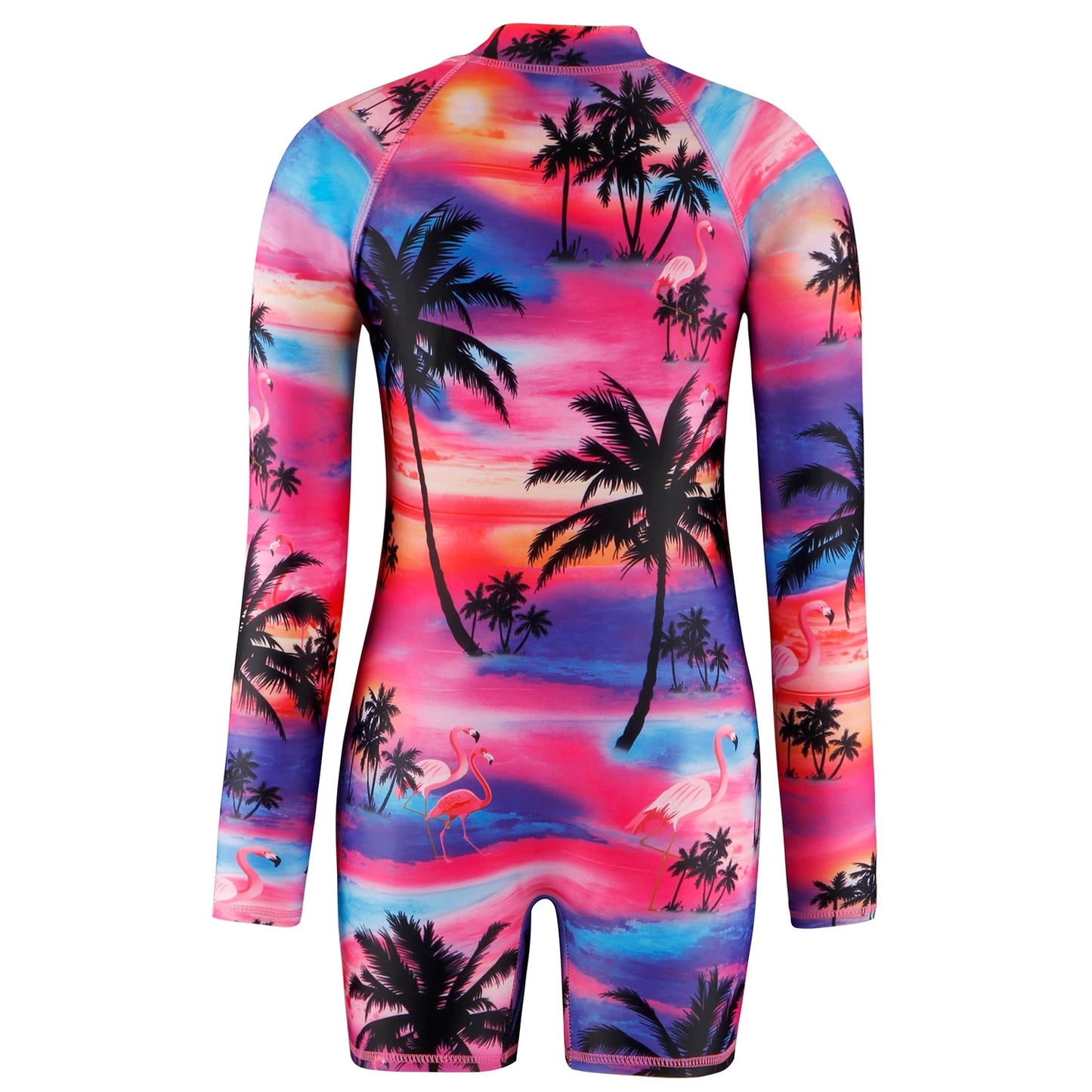 Girls Kids One-Piece Long Sleeve Hawaii Print Beach Boyleg Shorts Swimming Swimsuit