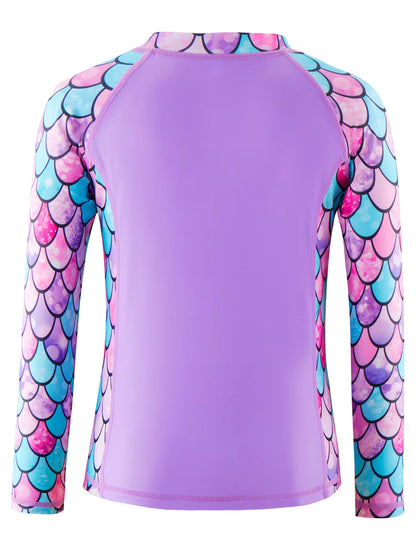 2pcs Kids Girls Long-Sleeved Scale Print Tops Boyleg Swim Shorts Swimwear Suit