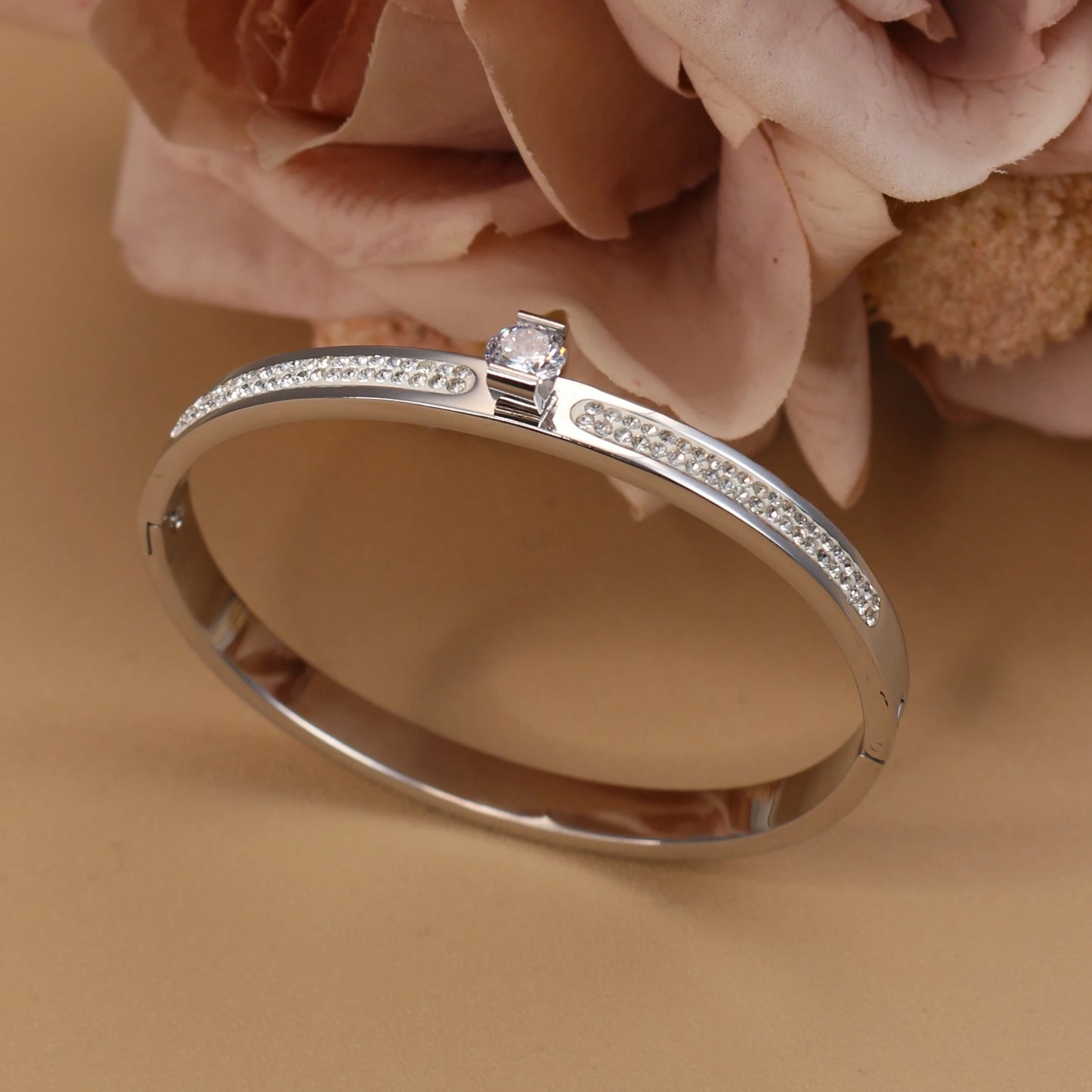 Women Beautiful Stainless Steel 18k Gold Color Bangle Crystal Design Charm Bracelet