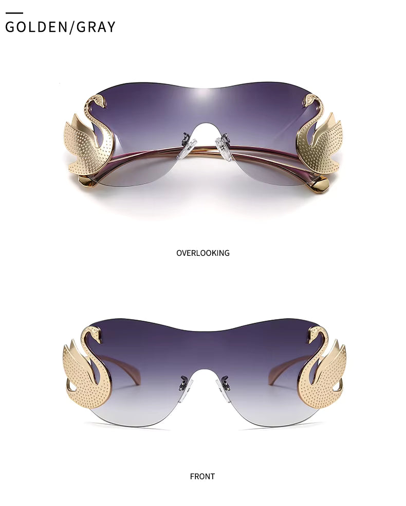 Y2k Women Fashion Swan Inlay Gradient Lens Shades Oversized Rimless Sunglasses Glasses