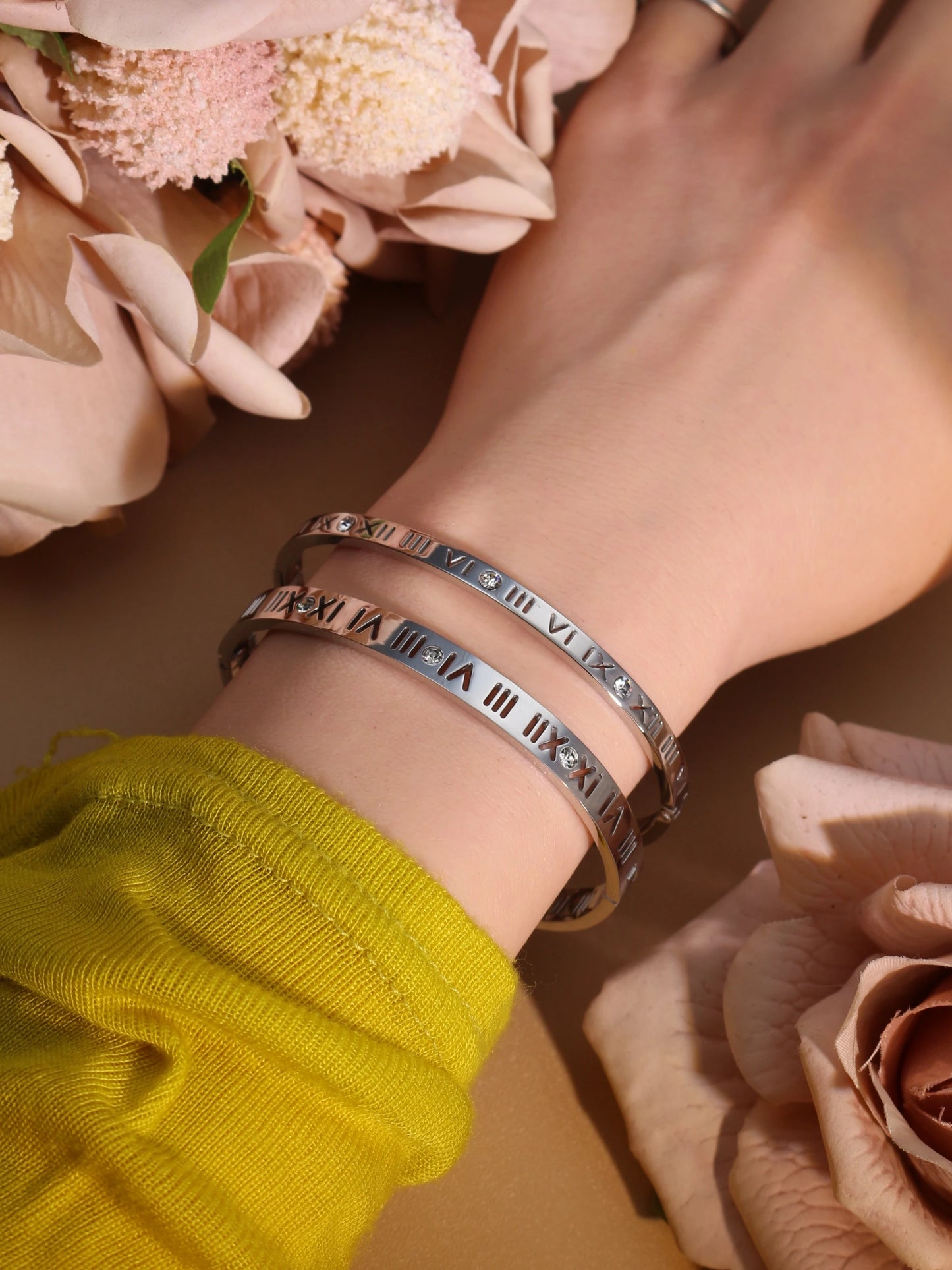 Stainless Steel 18K gold plated Roman Numeral Bracelet Bangles Ring 2-in-1 Jewelry