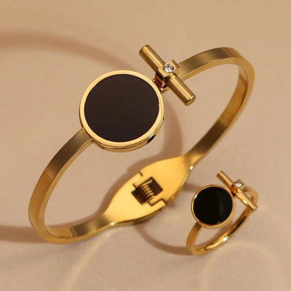 Women 2-In-1Black Acrylic Zirconia Stainless Steel Ring Bangle Bracelet Gifts Set
