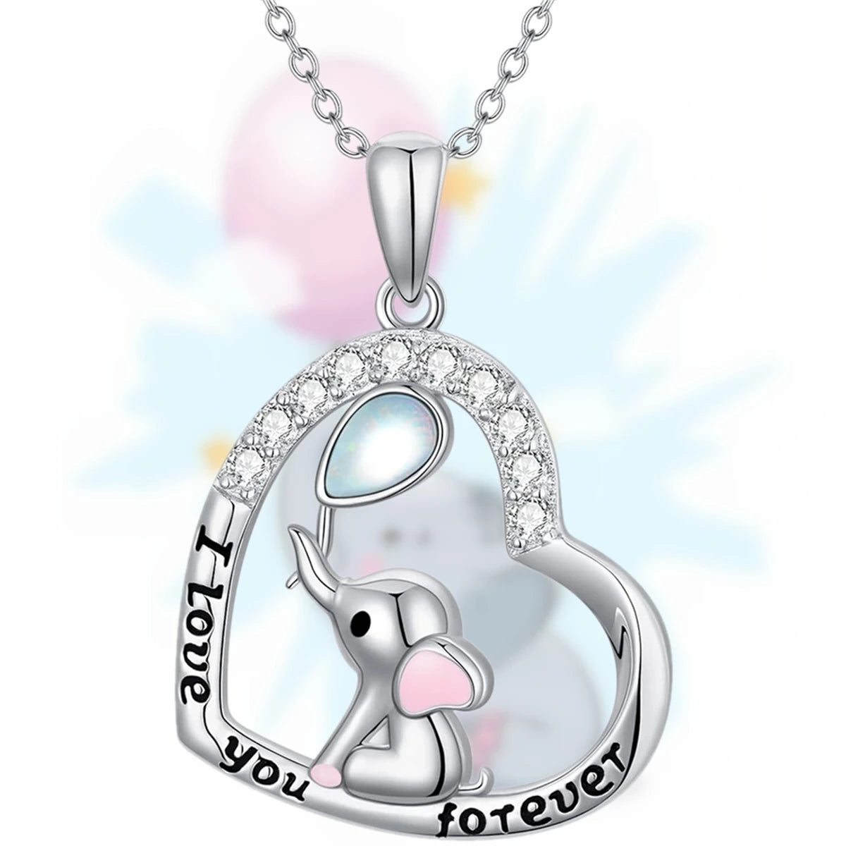 Women Cute Cartoon Heart Shaped Balloon Pink Ear Elephant Pendant Necklace