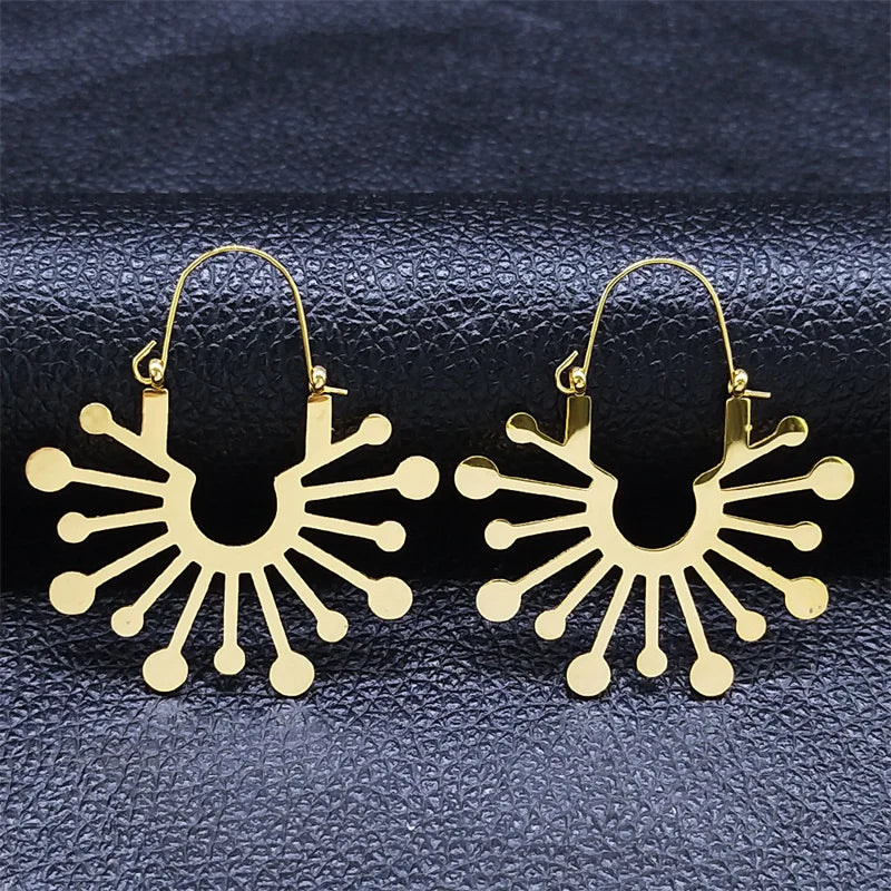 Women Yoga Lotus Flower Stainless Steel Gold Color Hoop Earrings