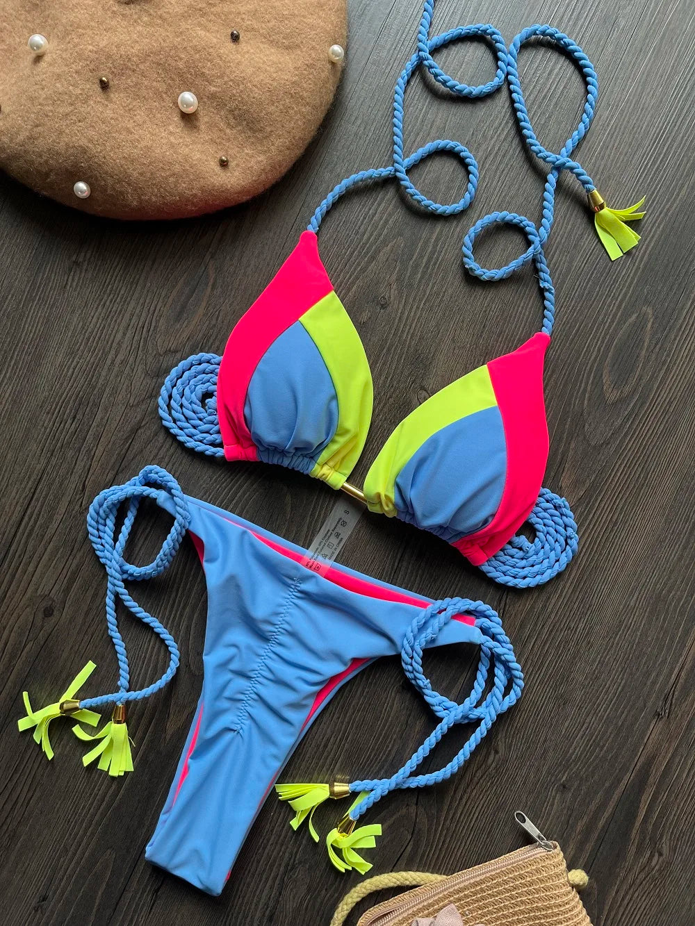 Solid Splice Swimwear String Halter Two-piece Triangle Micro Bikini Thong Sexy Swimsuit Bathing Suit