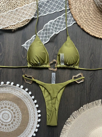 Women Bikini Solid Color Lace-up Split Two-piece Swimsuit Swimwear Suit