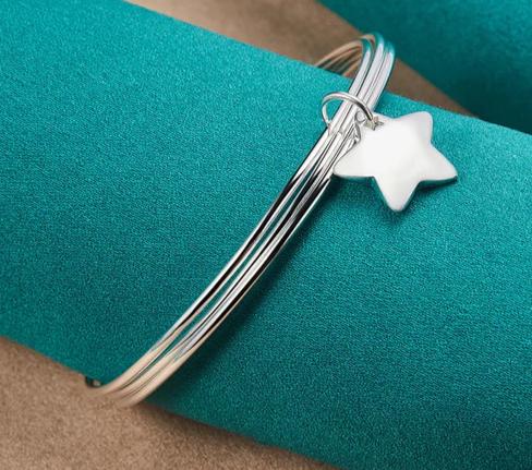 Women 925 Sterling Silver Three Circle Star Wedding Engagement Charm Bangle Bracelet