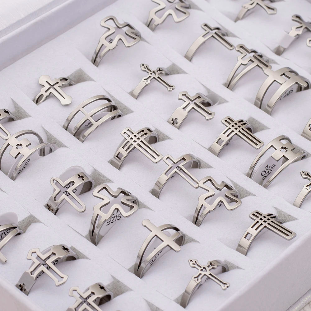 36Pcs/Lot Wholesale Stainless Steel Hollow Cross Charms Fashion Rings