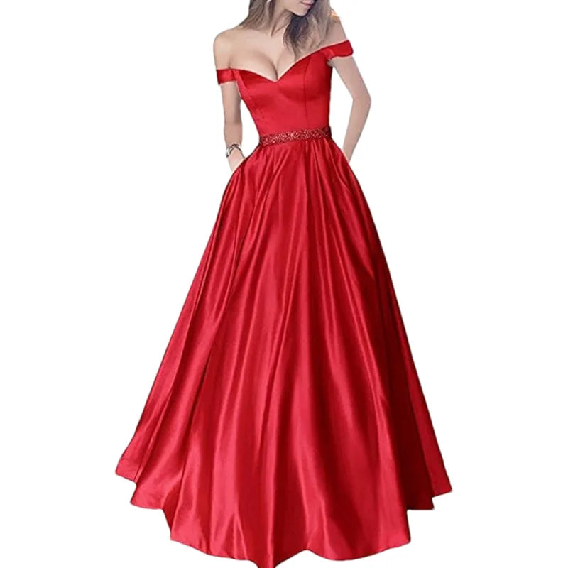 Women Off The Shoulder Beaded Satin V Neck Corset A Line Long Formal Prom Evening Party Gown Dress w/Pocket