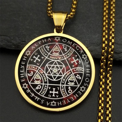 Women Men Stainless Steel Gold Color Archangel Kabbalah Talisman Key of Solomon Sigil Glass Round Medal Necklace