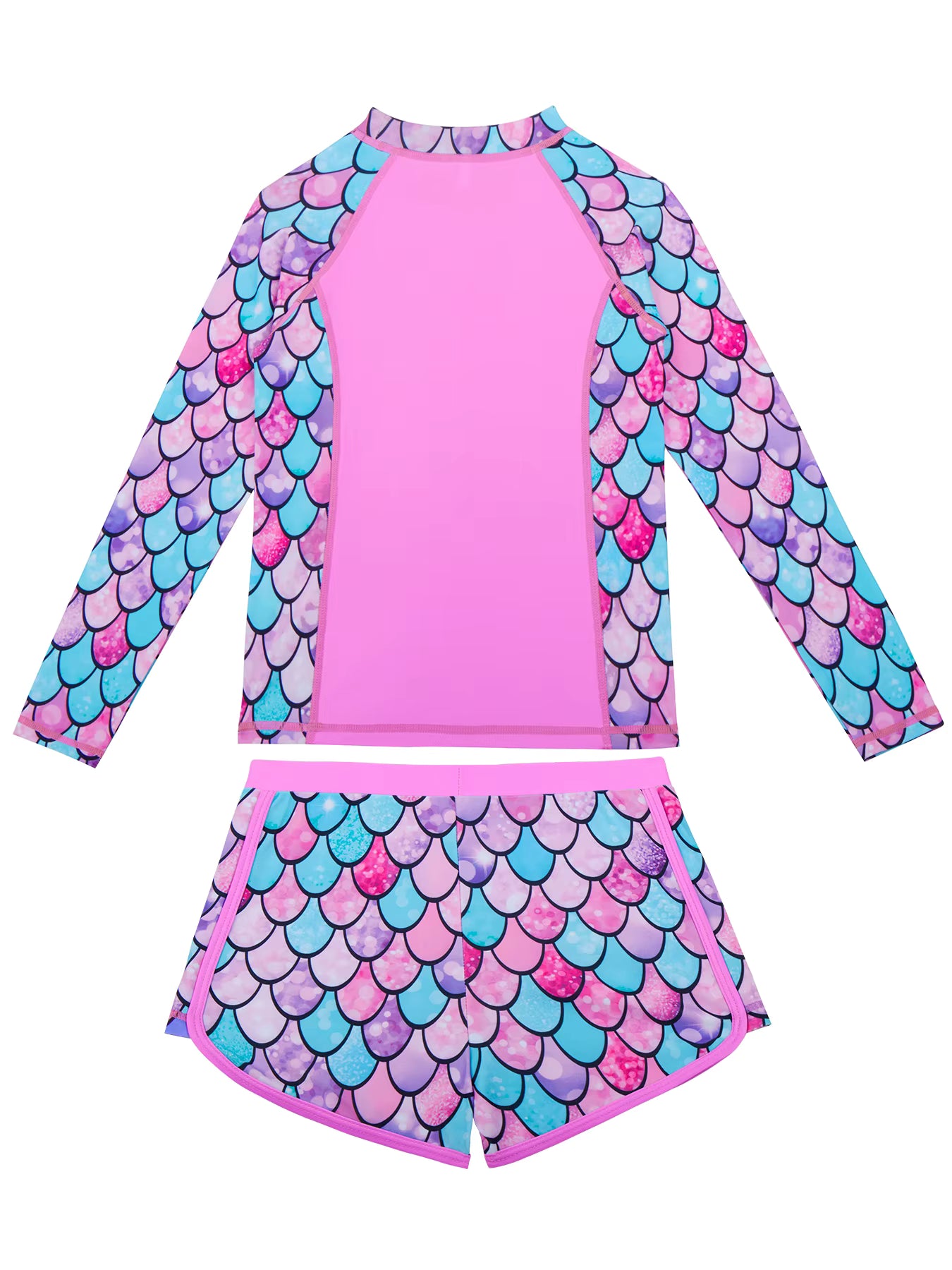 2pcs Kids Girls Long-Sleeved Scale Print Tops Boyleg Swim Shorts Swimwear Suit