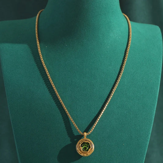 Vintage Gold Color Crystal Round Green Luxury Antique Women Pendant Necklace