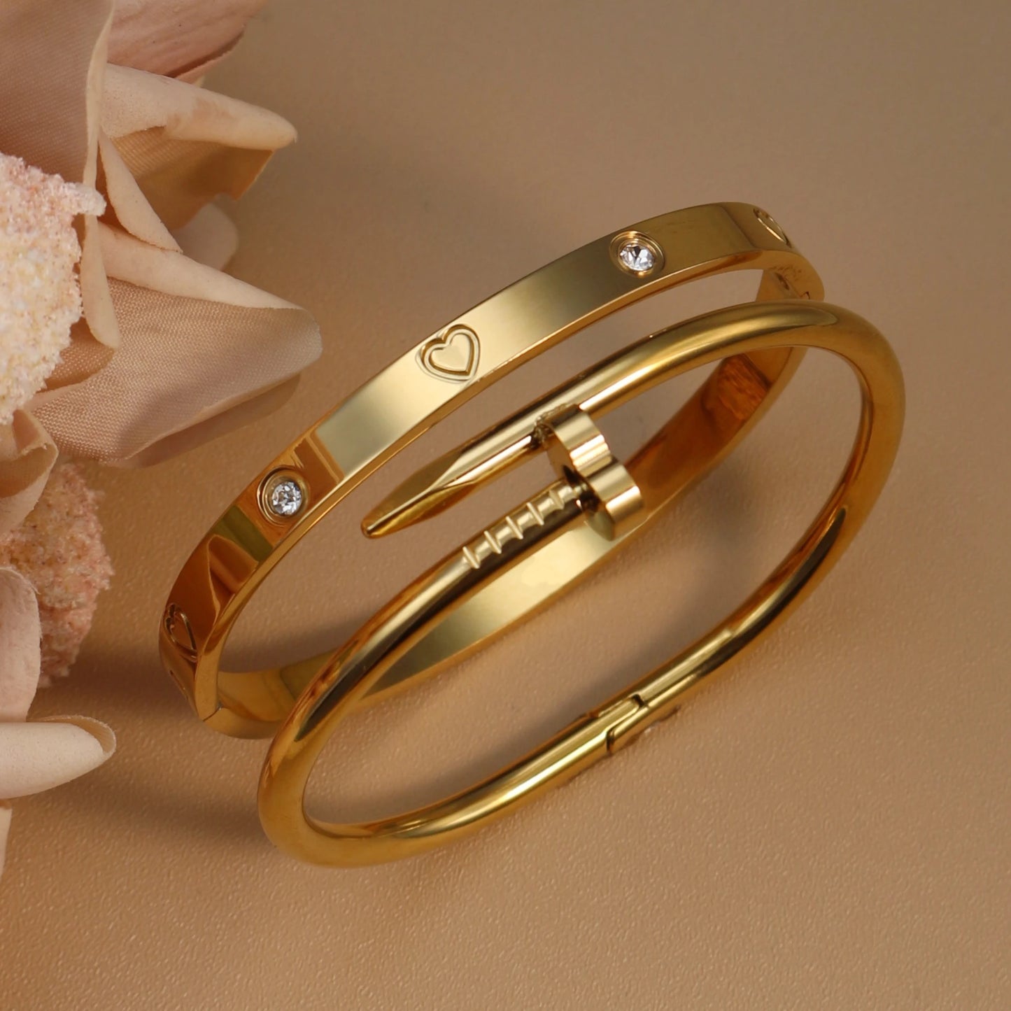 Women Heart Shaped Zircon Stainless Steel Gold Color 2-in-1 Bangles Bracelet Jewelry