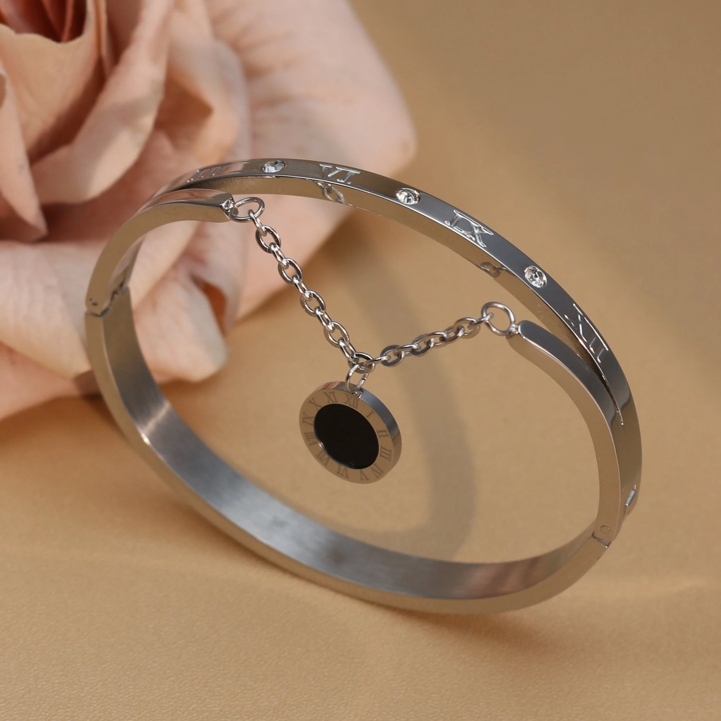 Women's Roman Digital Crystal Acrylic Pendant Fashion Stainless Steel Bracelet