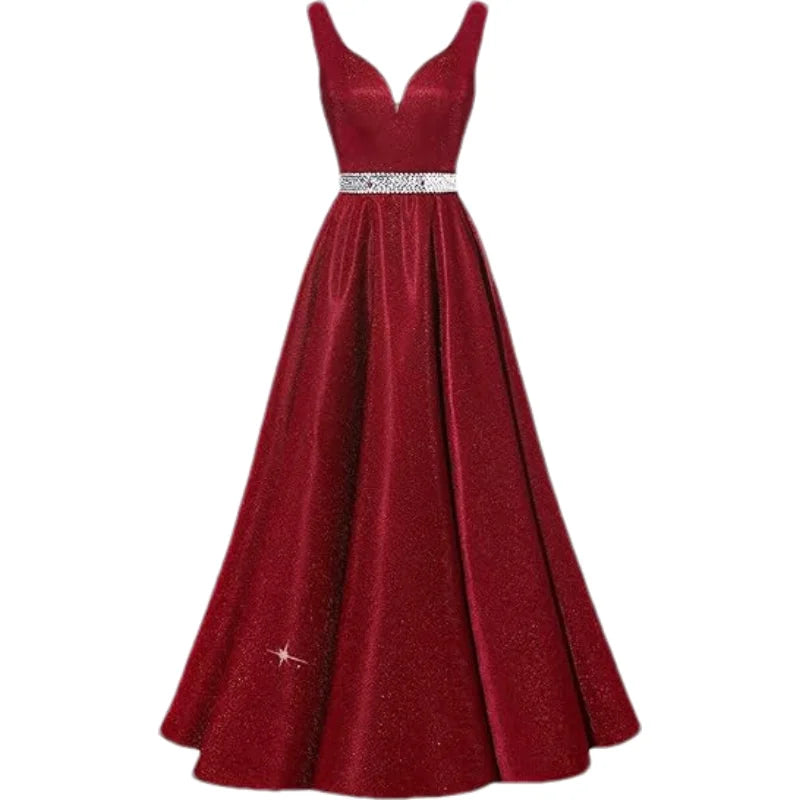 Women Glitter Satin Prom Long Corset V-Neck Beaded Belt Formal Evening Party Dress w/ Pockets