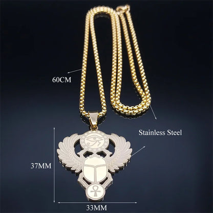 Key Of Life Egyptian Scarab Eye of Ra Horus Symbol Stainless Steel Gold Color Pendant Necklace