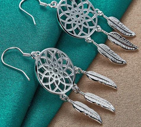 925 Sterling Silver Fine Dream Catcher Feathers Woman Fashion Designer Party Wedding Earrings