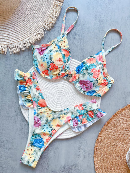 Women Flowers Printed Brazilian Underwired Bikini Swimsuit Swimwear Two-pieces Bather Bathing Suit