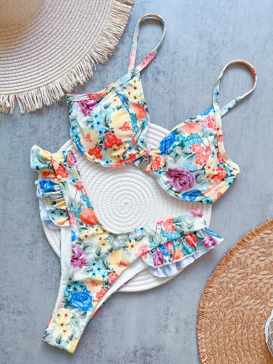 Women Flowers Printed Brazilian Underwired Bikini Swimsuit Swimwear Two-pieces Bather Bathing Suit